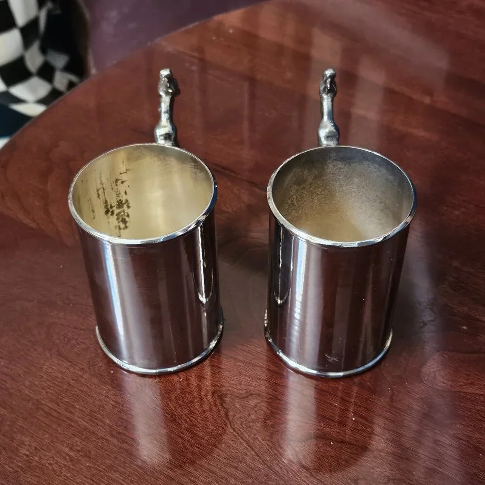 2 LUXURY VINTAGE RARE ESTATE GUCCI TANKARD SILVER PLATE DEER BEER STEIN CUP MUG